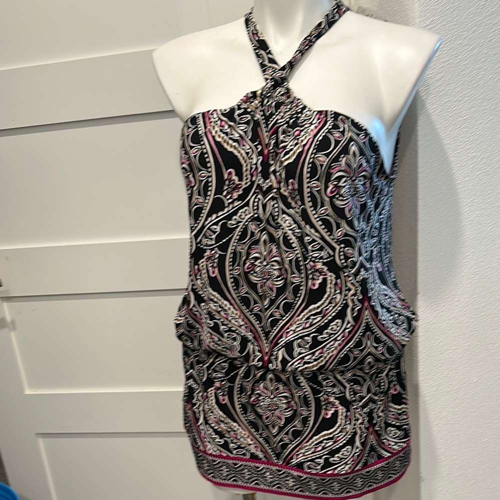 White House Black Market Black Dancing Printed Halter Tunic